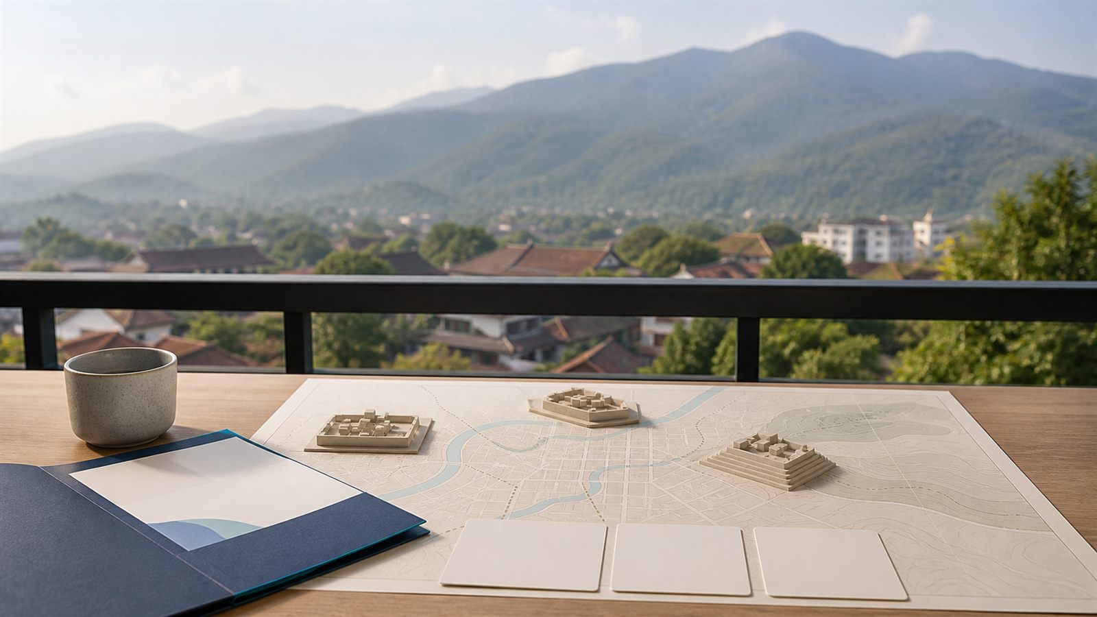 Chiang Mai mountain haze beyond an unlabelled neighbourhood map, model blocks and blank relocation cards