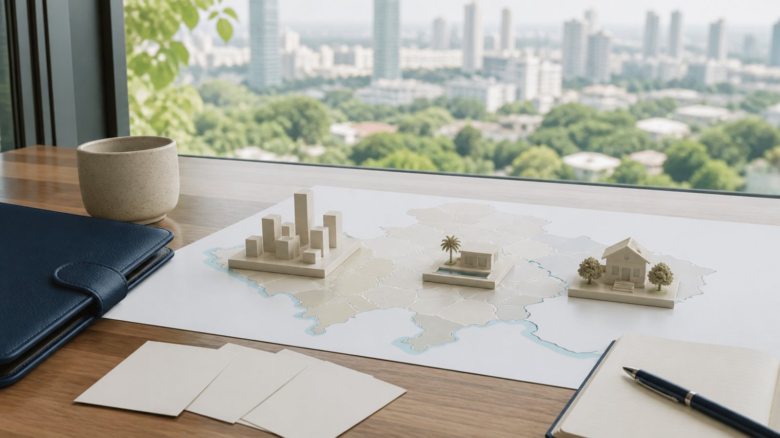 An unlabelled Thailand map with small city, coast and home models on a desk for comparing places to live