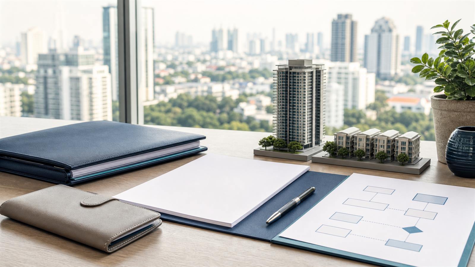 Bangkok residential towers beyond blank property papers, a navy folio and architectural scale models