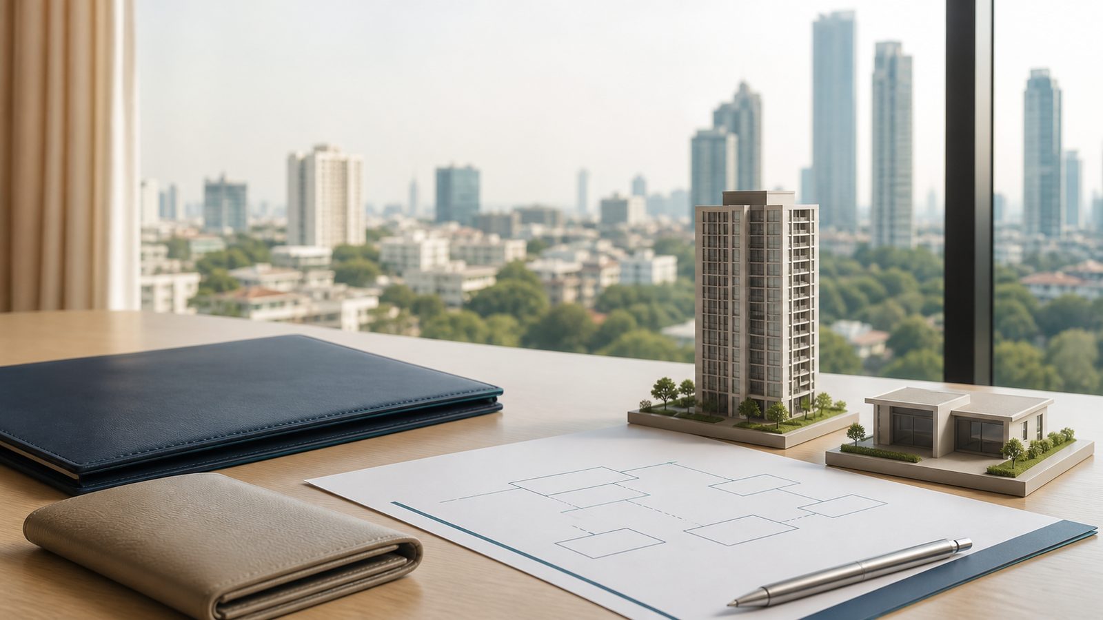 Bangkok towers beyond blank property papers, a navy folio and architectural scale models
