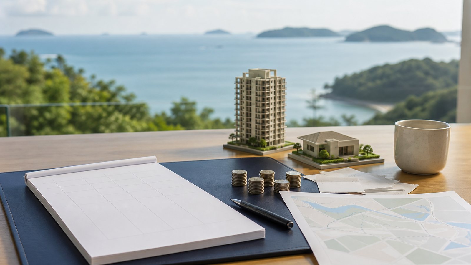 Phuket sea view beyond blank budget sheets, unmarked coins and condo models