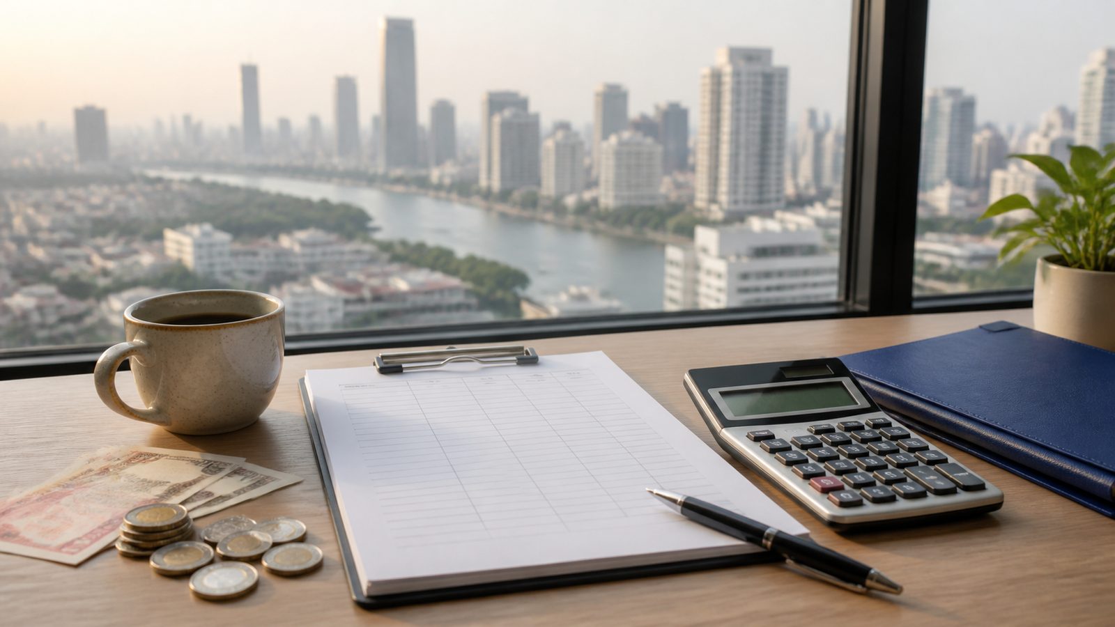 Blank budget papers, a calculator, baht coins and a navy folder on a Bangkok desk for Thailand cost planning