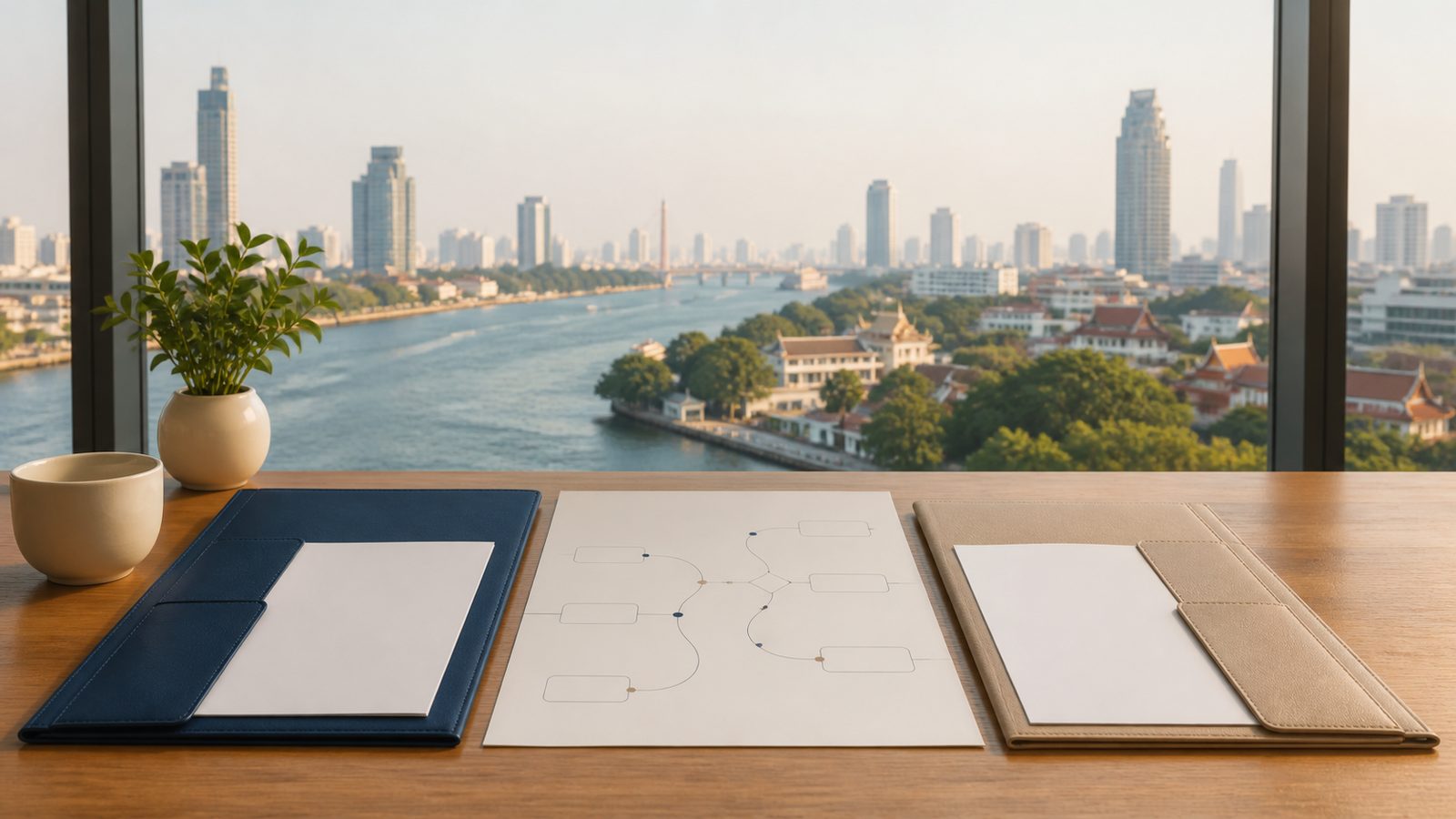 Two blank visa planning folders and an abstract route sheet overlooking the Bangkok river