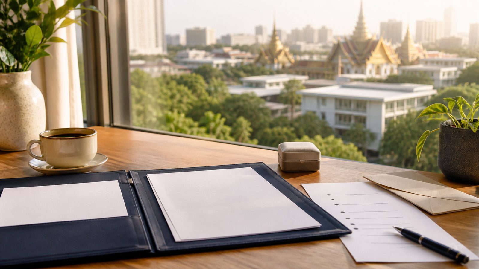 Blank marriage documentation papers, a navy folio and a closed ring box on a Bangkok desk