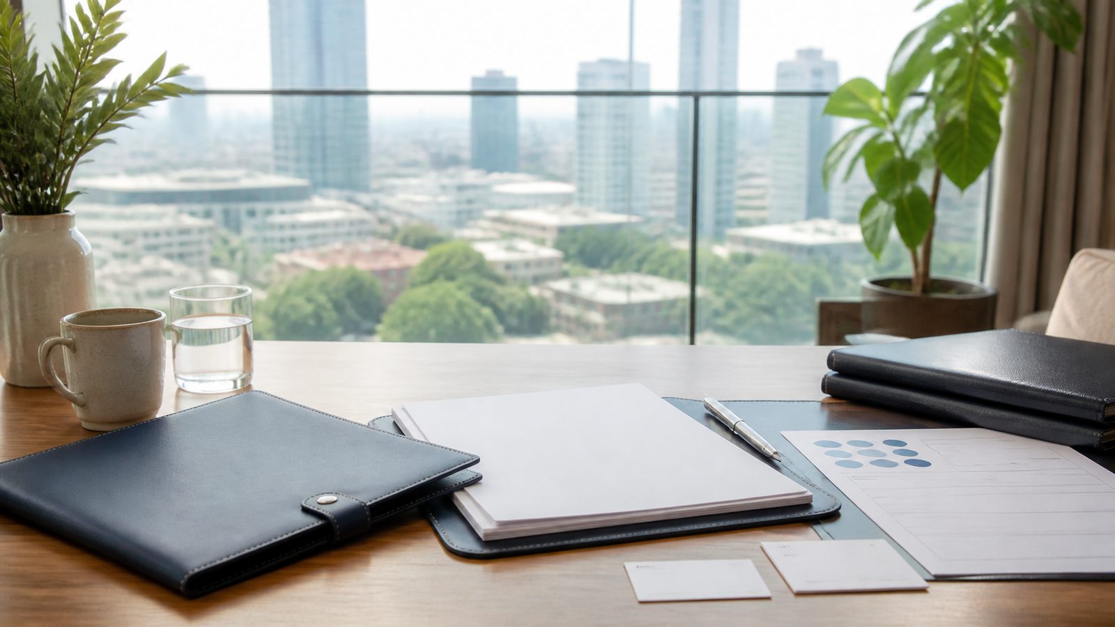 Blank health insurance planning papers, navy folio and Bangkok skyline
