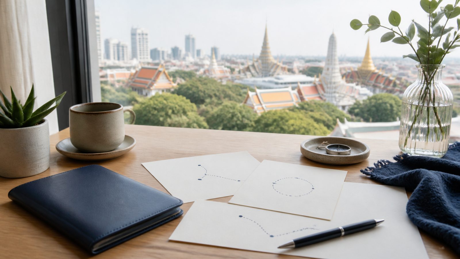 Blank border run planning cards, navy folio and Bangkok architecture