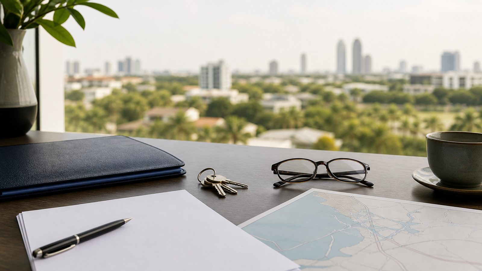 A navy folio, house keys, reading glasses and blank planning papers on a desk overlooking Thailand greenery