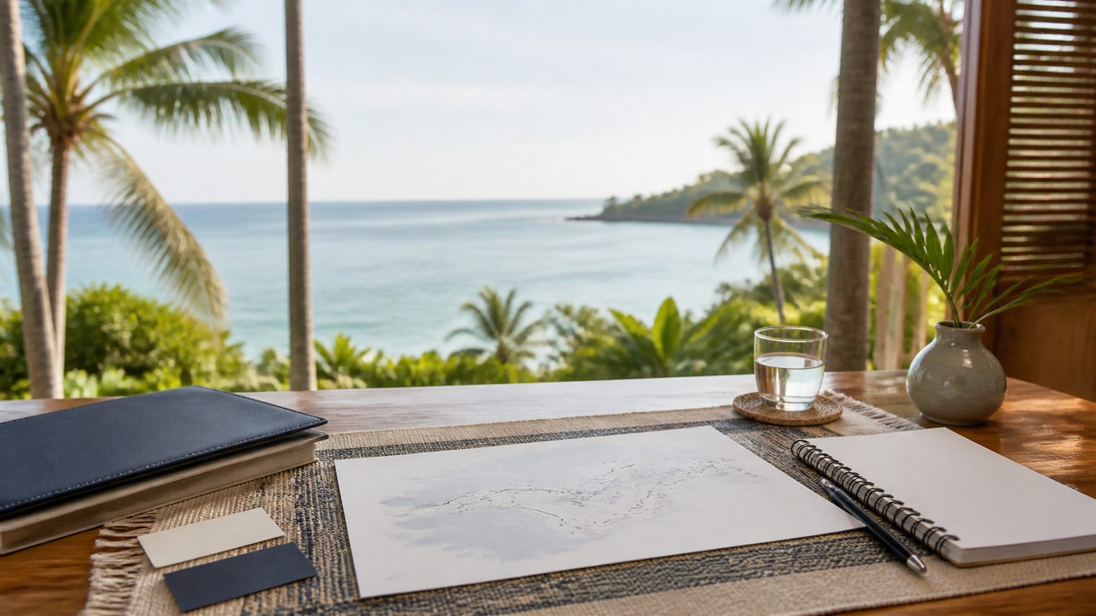 Blank island relocation map, navy folio and Koh Phangan coastline
