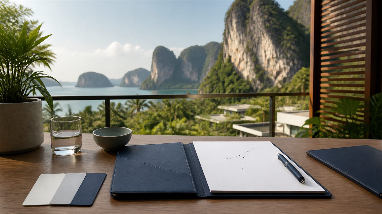 Blank retirement planning papers, navy folio and Krabi limestone coast