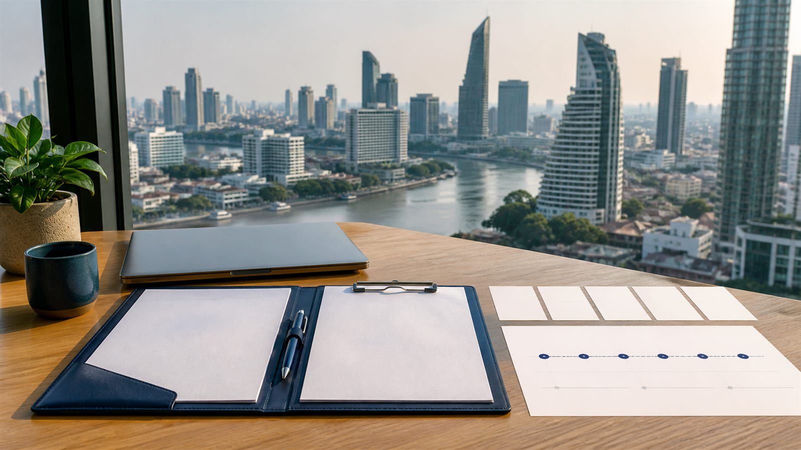 Blank LTR visa planning papers, navy folio and Bangkok skyline