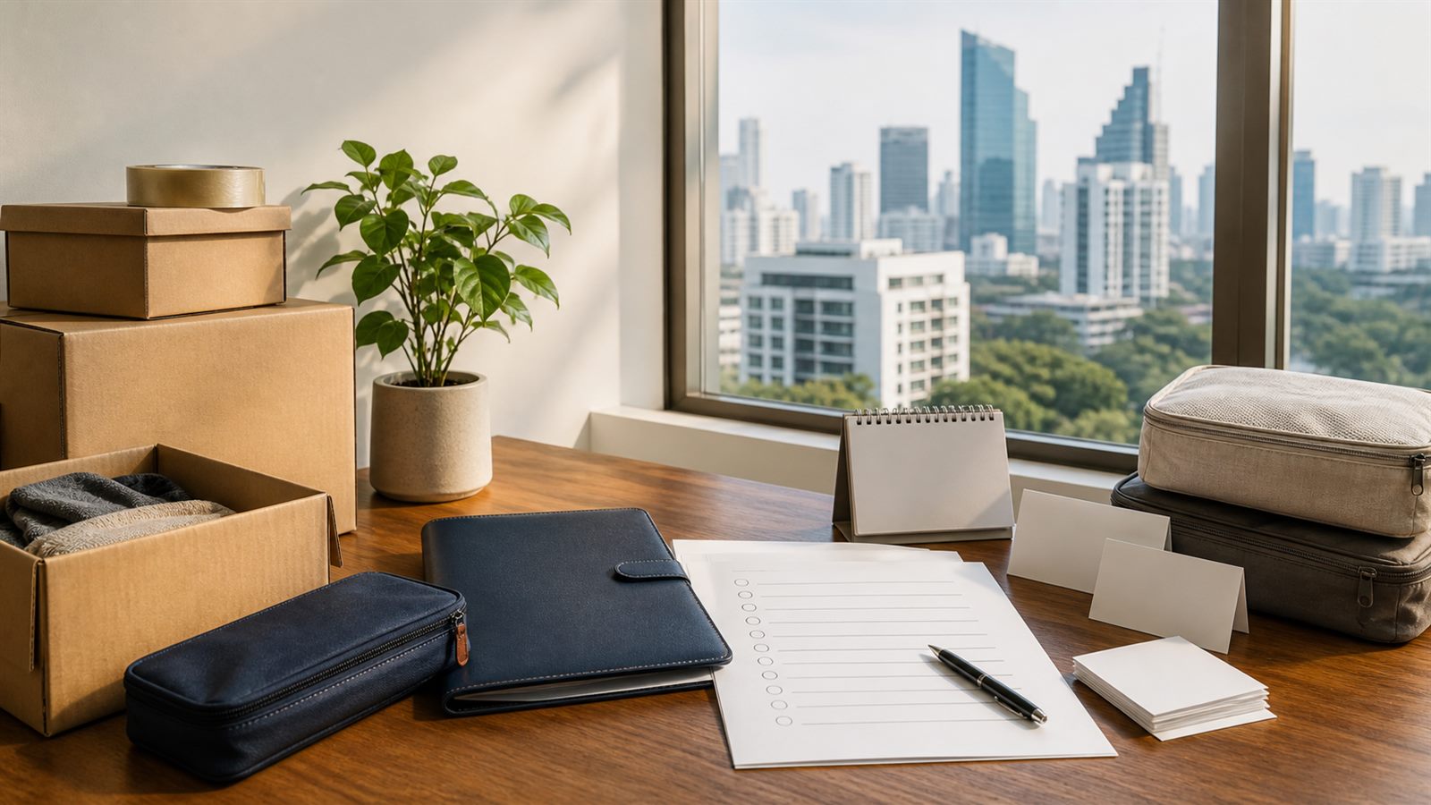 Moving boxes, blank relocation checklist and navy folio overlooking Bangkok