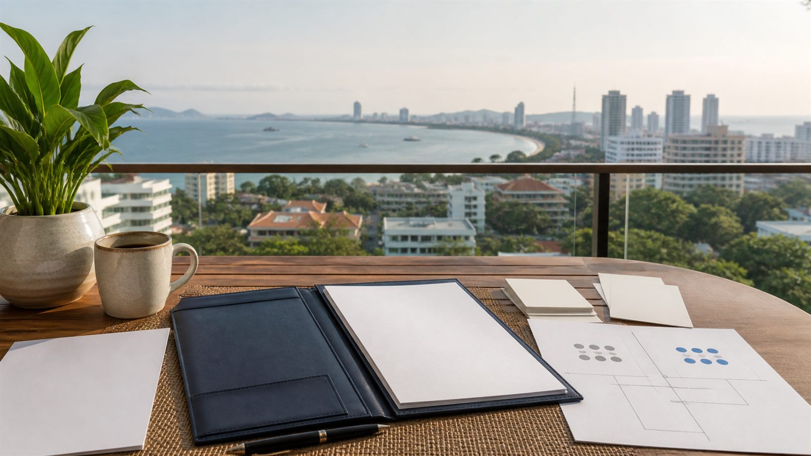 Blank retirement planning papers, navy folio and Pattaya bay skyline