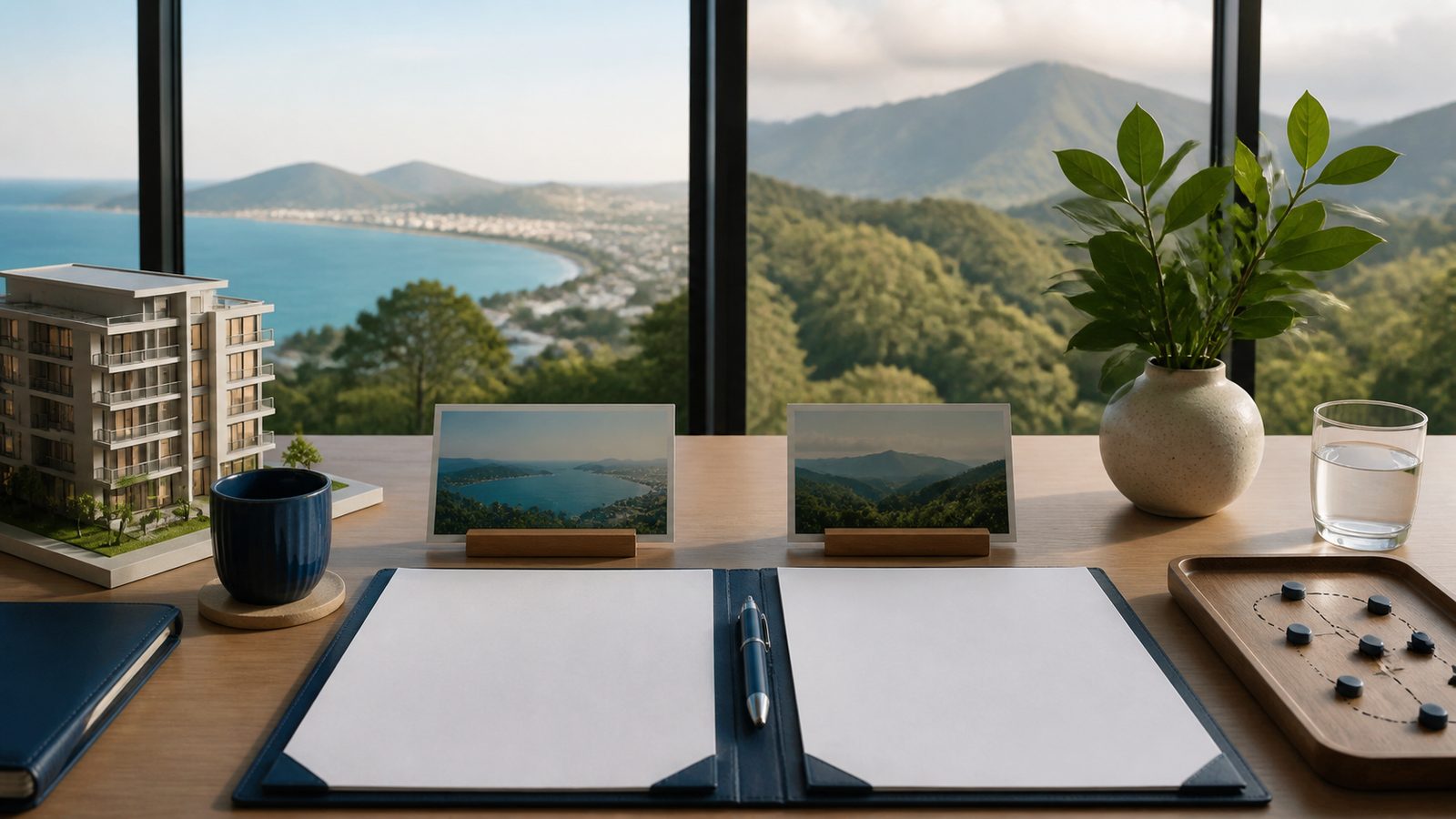Phuket coast and Chiang Mai mountains beyond blank retirement comparison papers and navy planning folders