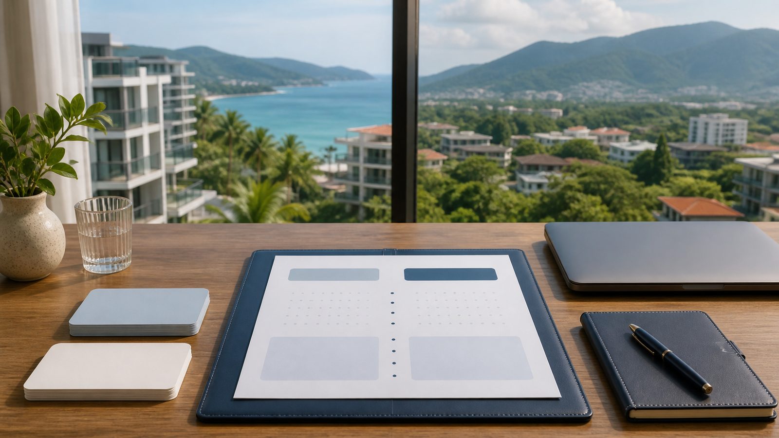 Blank expat relocation comparison sheet, navy folio and Phuket and Chiang Mai views
