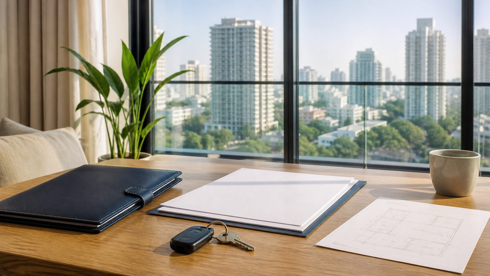Blank rental papers, apartment keys and a navy folio overlooking Bangkok residential towers