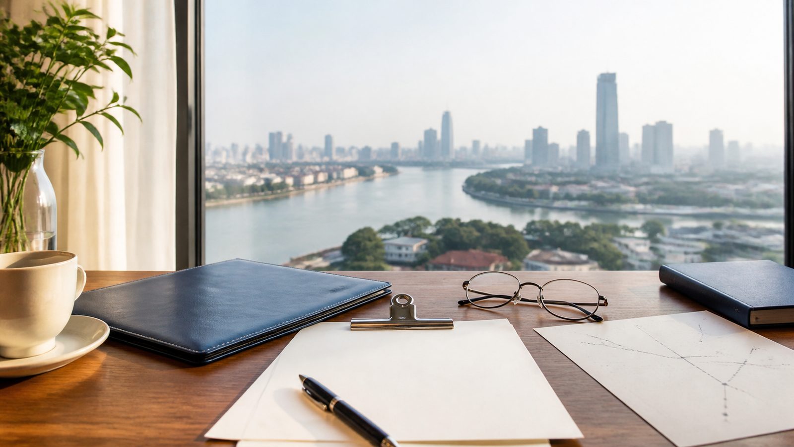 Blank retirement planning papers, reading glasses and a navy folio overlooking the Bangkok river