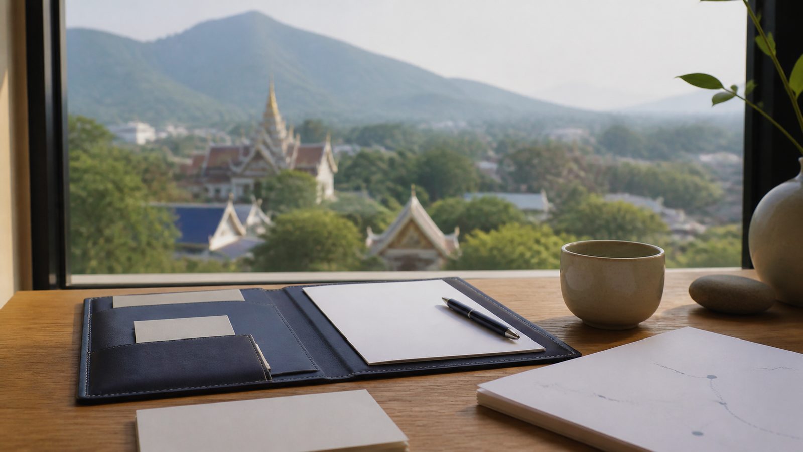 Blank retirement planning papers, navy folio and Chiang Rai mountains beyond a calm desk