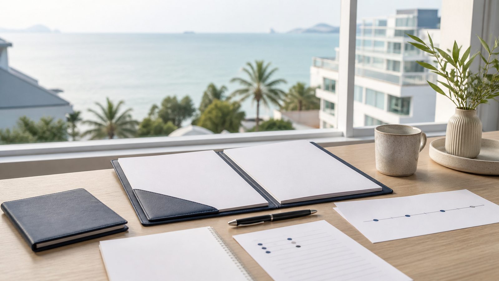 Blank retirement planning papers, navy folio and Hua Hin coastline beyond a bright desk