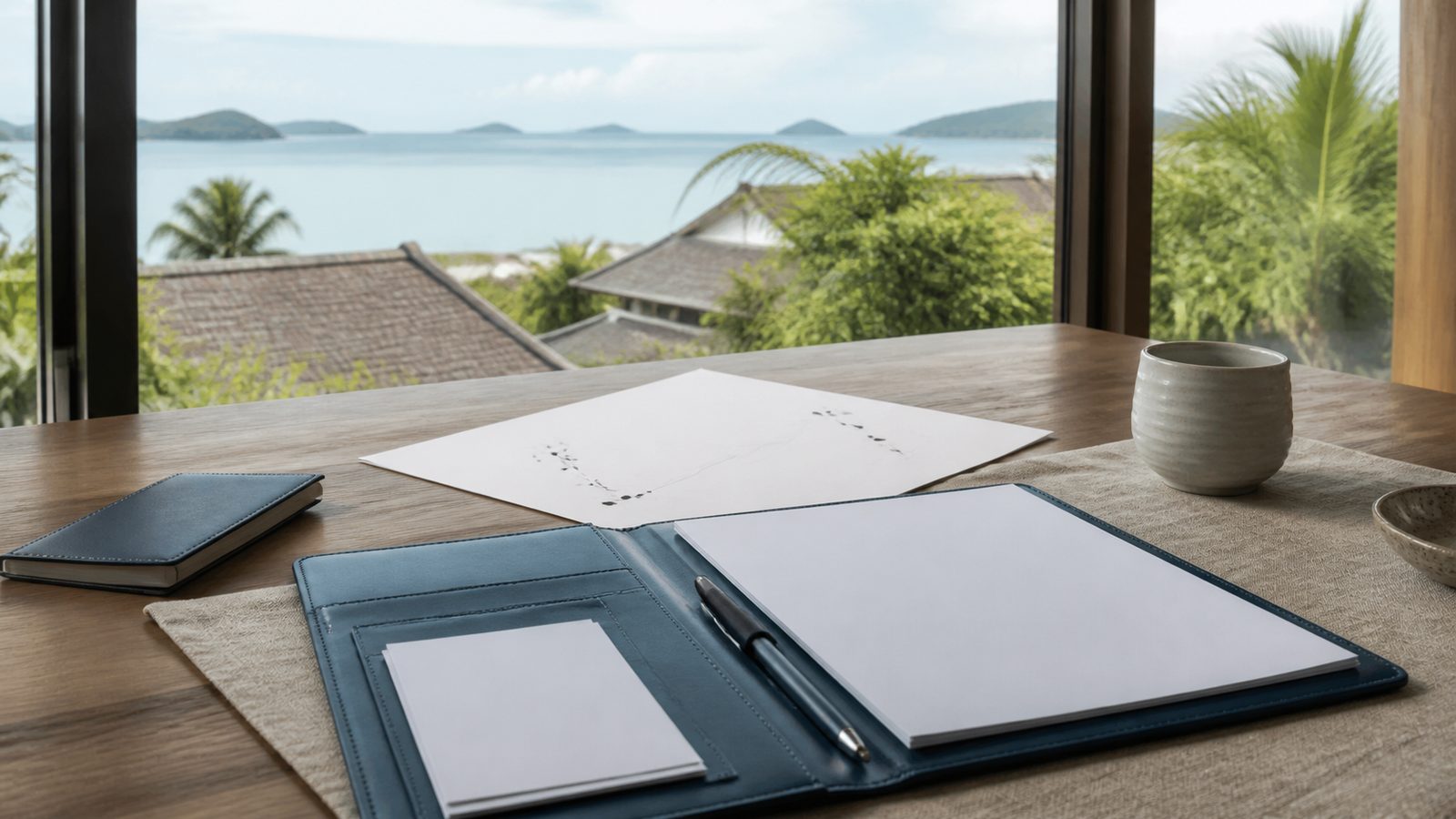 Blank retirement planning papers, navy folio and Koh Samui sea views beyond a villa desk