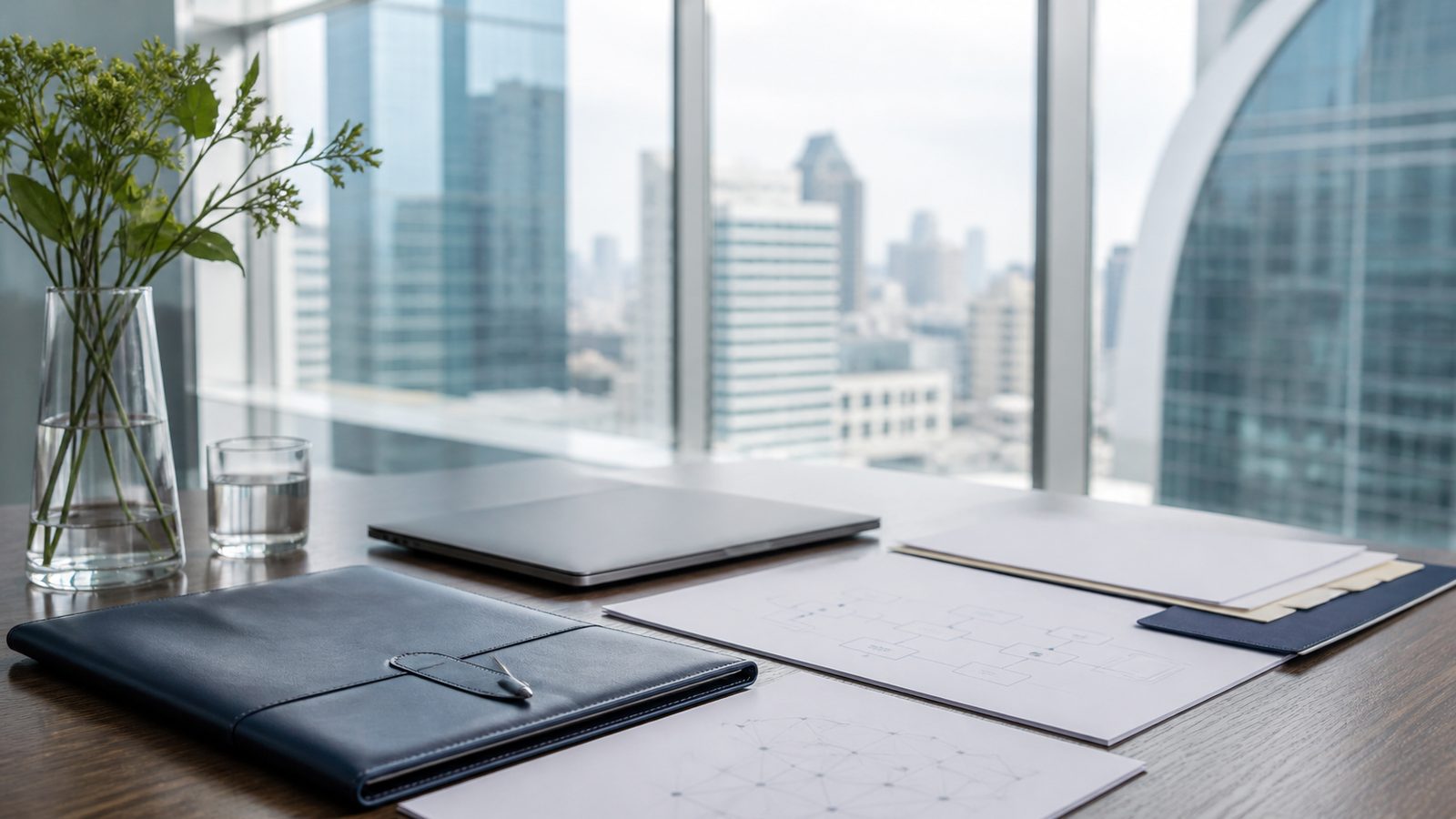 Blank company setup papers, a navy folio and Bangkok business towers beyond a meeting table