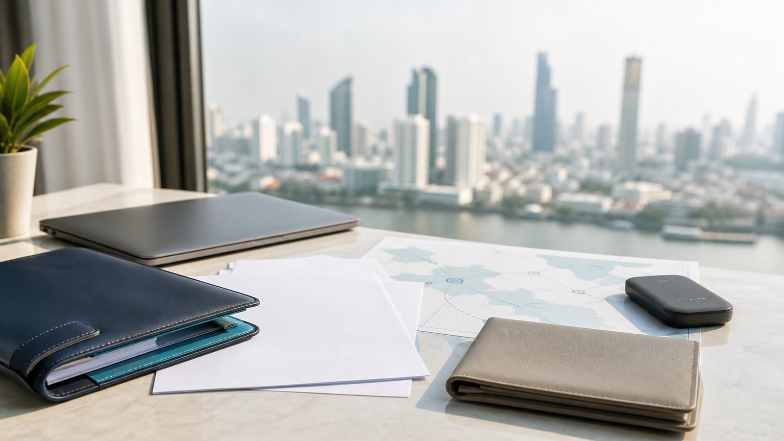 Blank planning papers, a closed laptop, a navy folio and a portable router on a Bangkok desk for digital nomad visa planning