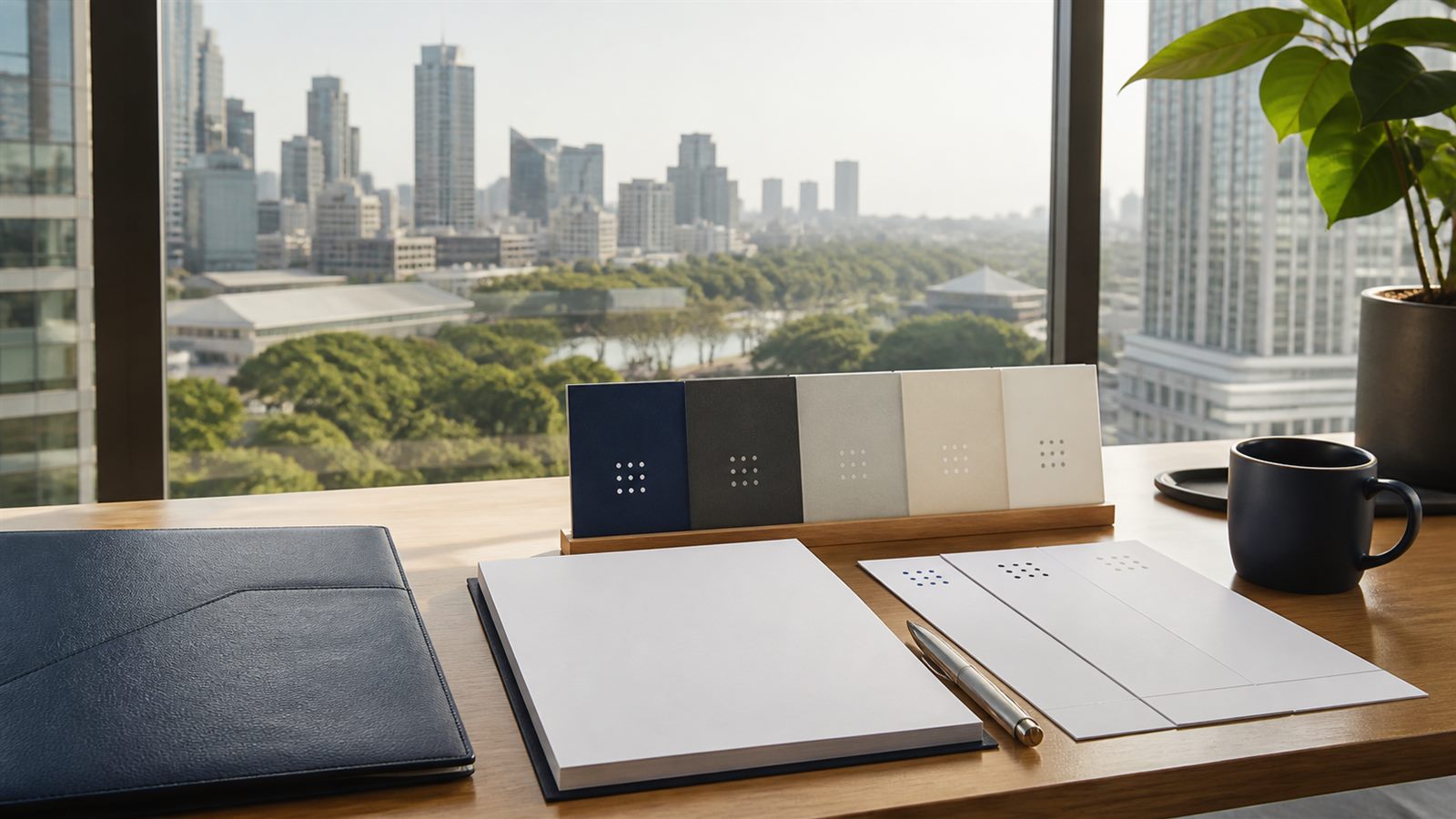 Blank premium visa comparison cards, navy folio and Bangkok skyline