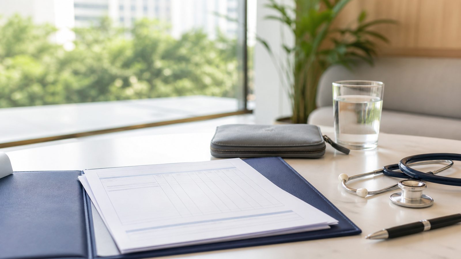 Blank insurance papers, a navy folder and a stethoscope on a bright Thailand planning desk