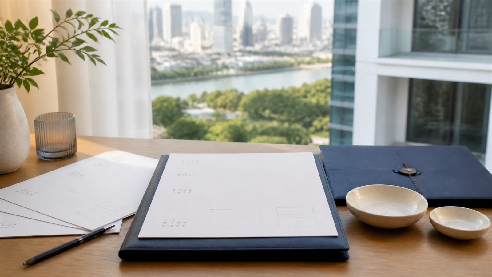Blank marriage visa planning papers, navy folio and Bangkok river skyline
