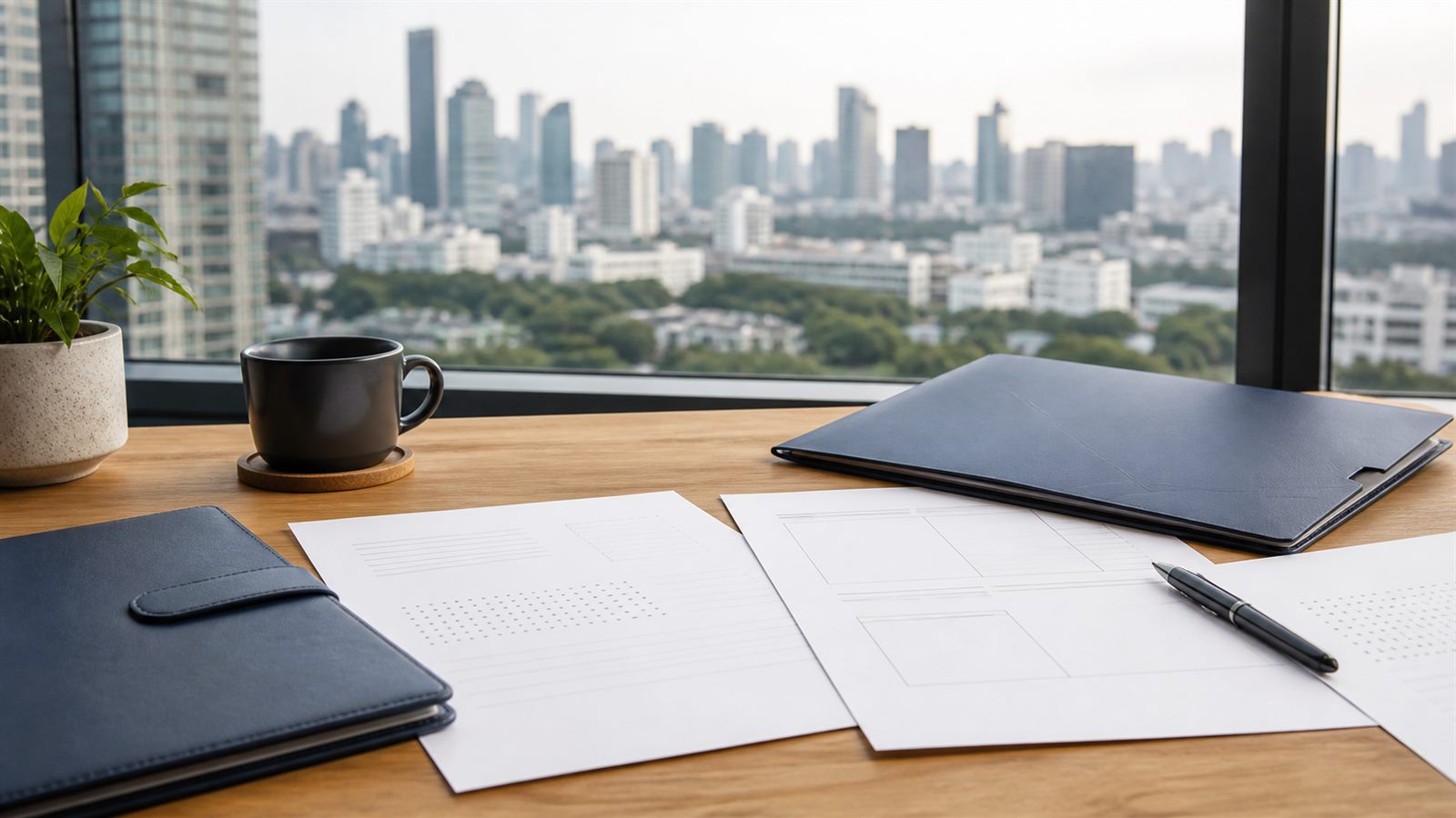 Blank employment visa planning papers, navy folio and Bangkok skyline