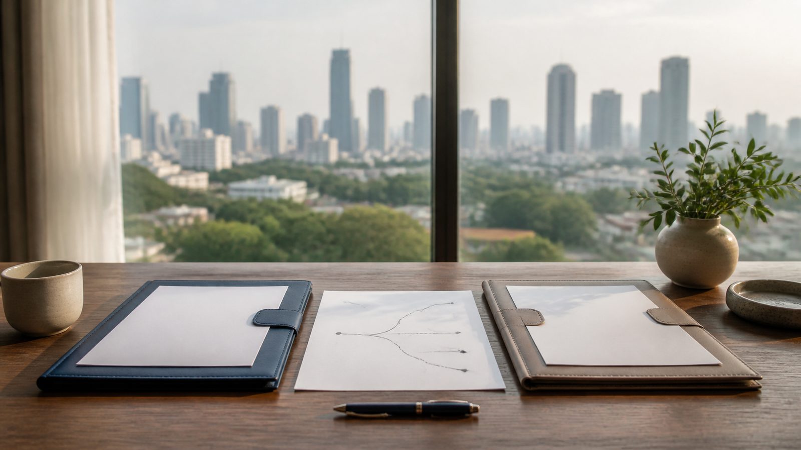 Two blank retirement visa planning folders and an abstract route sheet overlooking Bangkok