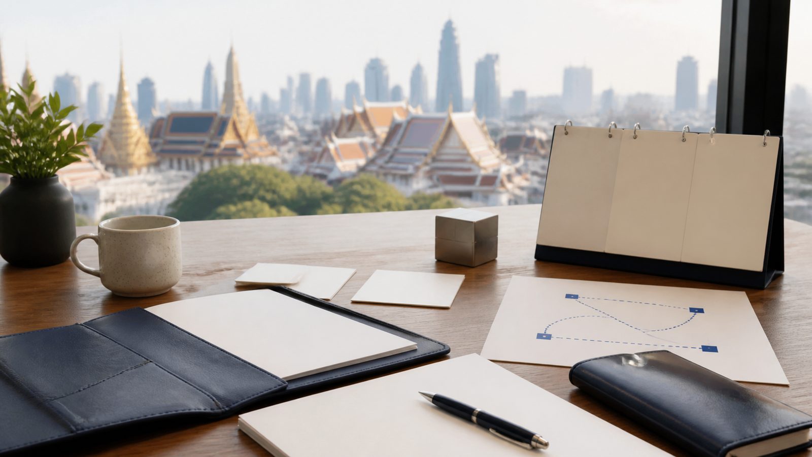 Blank compliance papers, calendar cards and navy folio on a Bangkok visa planning desk