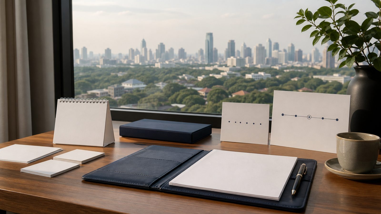 Blank financial planning papers, navy folio and calendar cards on a Bangkok desk
