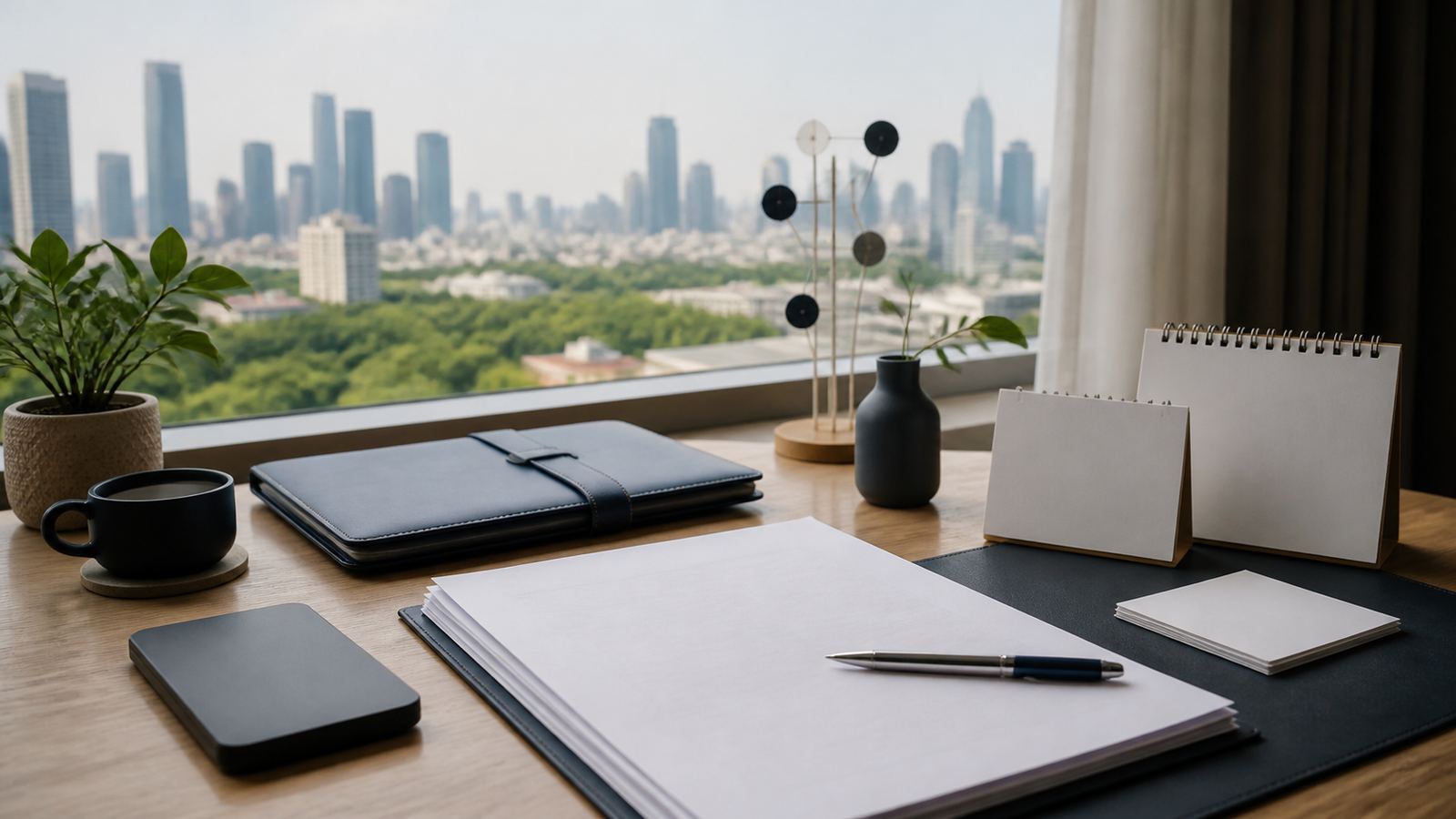 Blank tax planning papers, navy folio and calendar cards on a Bangkok desk