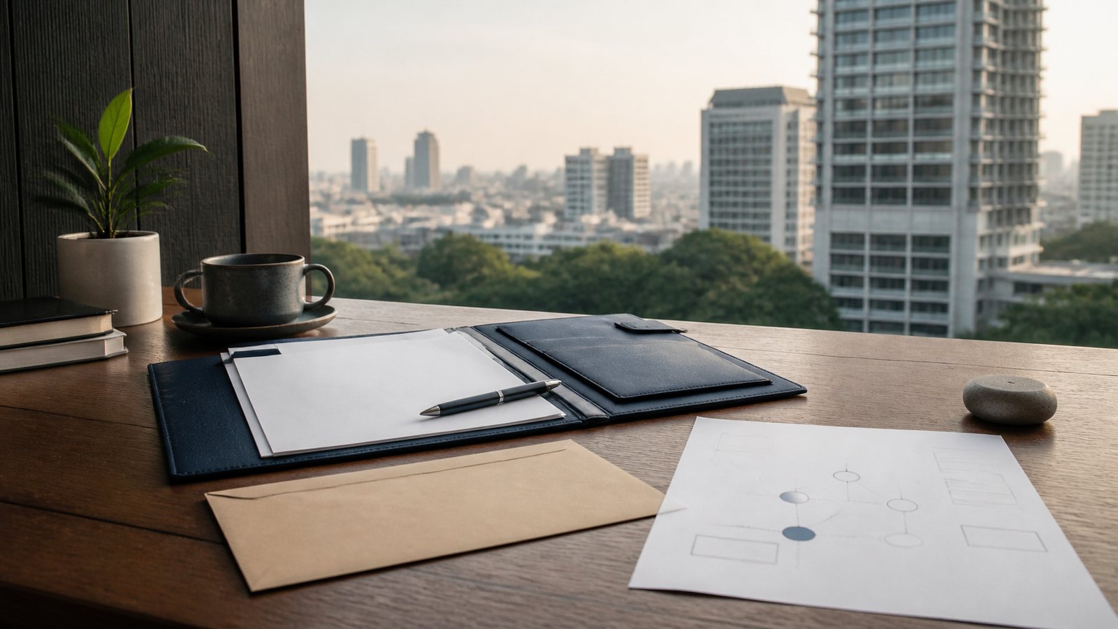 Blank review papers, navy folio and decision-route marks beside a Bangkok skyline