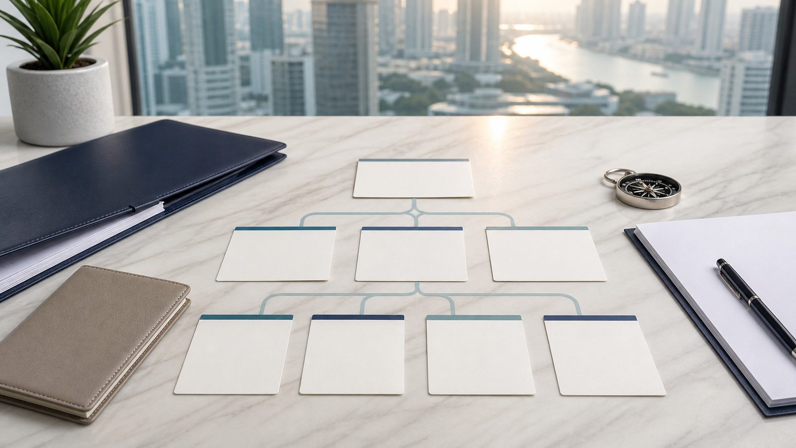 Blank visa pathway cards, a navy folio and abstract route lines on a desk overlooking Bangkok