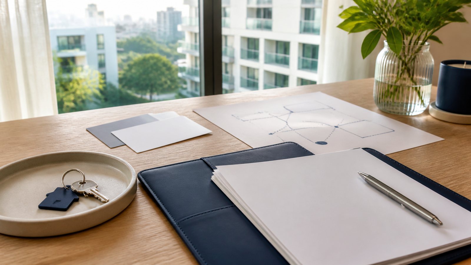 Blank accommodation papers, navy folio and key tray on a Bangkok apartment desk