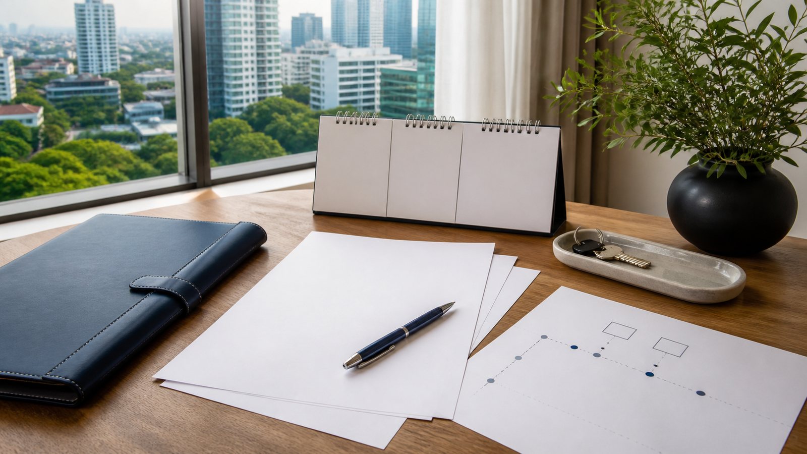 Blank TM30 compliance papers, calendar cards and key tray overlooking Bangkok