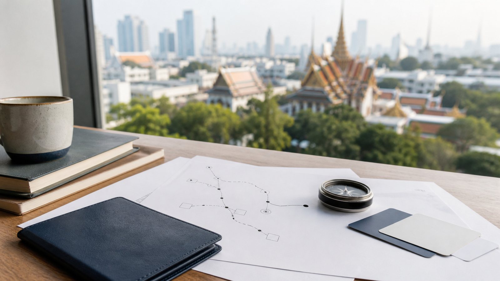 Blank route-planning papers, navy folio and abstract travel marks overlooking Bangkok
