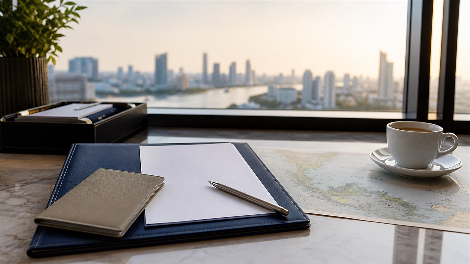 Blank visa paperwork, a navy folder and a neutral travel wallet on a desk overlooking a softly blurred Bangkok skyline