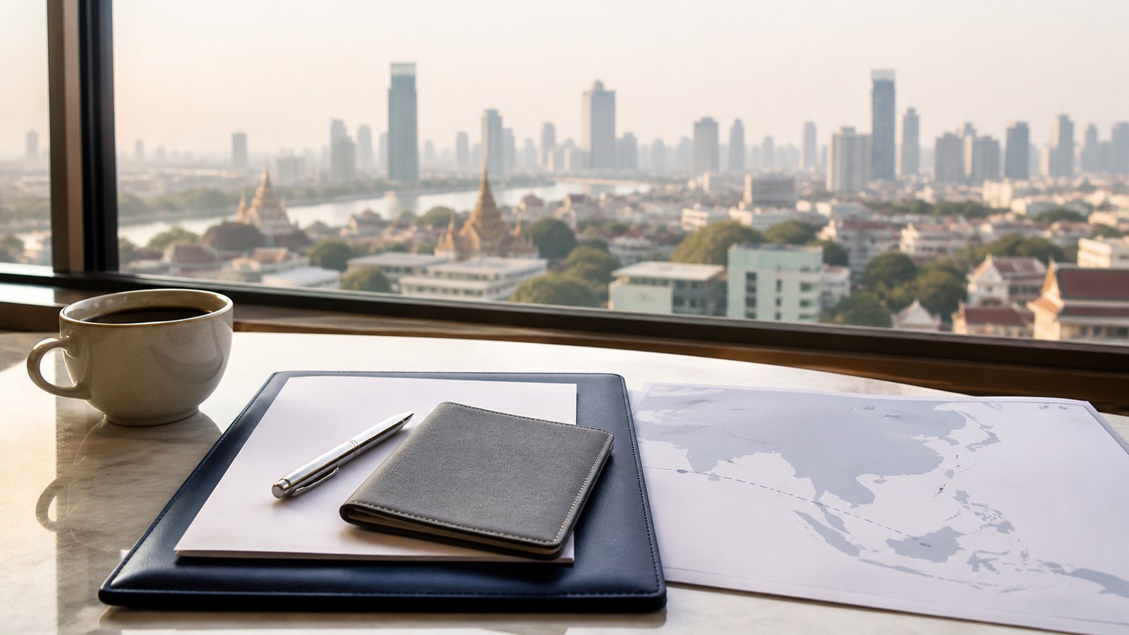 Blank visa papers, a navy travel folio and an abstract Europe-to-Thailand route sheet on a desk above Bangkok
