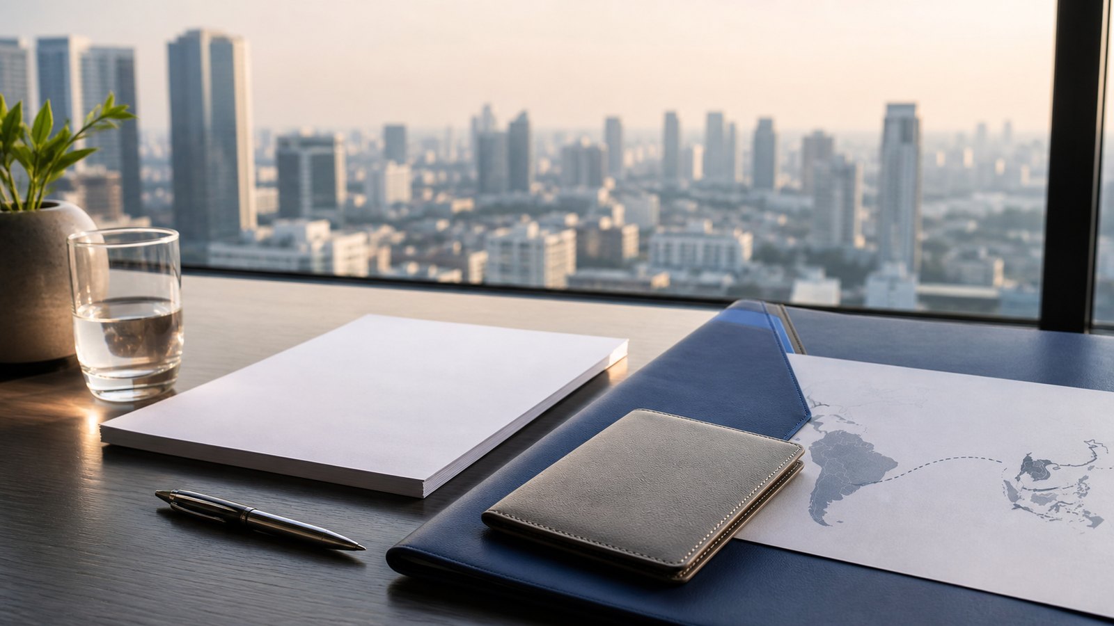 Blank visa papers, a navy folder and an abstract South America-to-Thailand map on a desk overlooking Bangkok