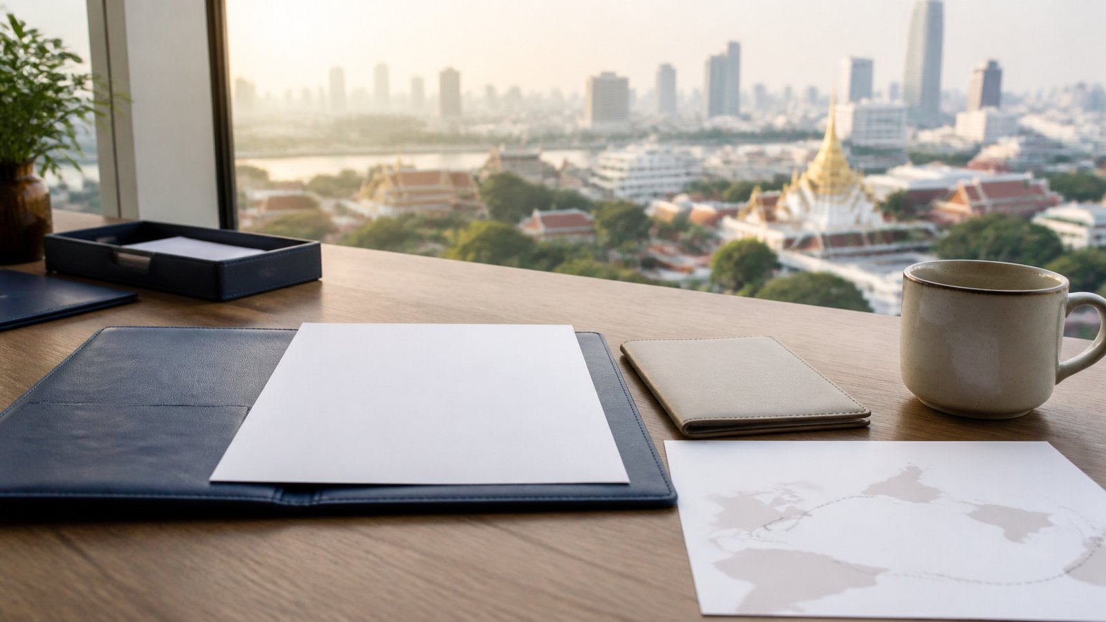 Blank visa papers, a navy folio and a neutral travel wallet on a warm desk with Bangkok softly blurred beyond the window