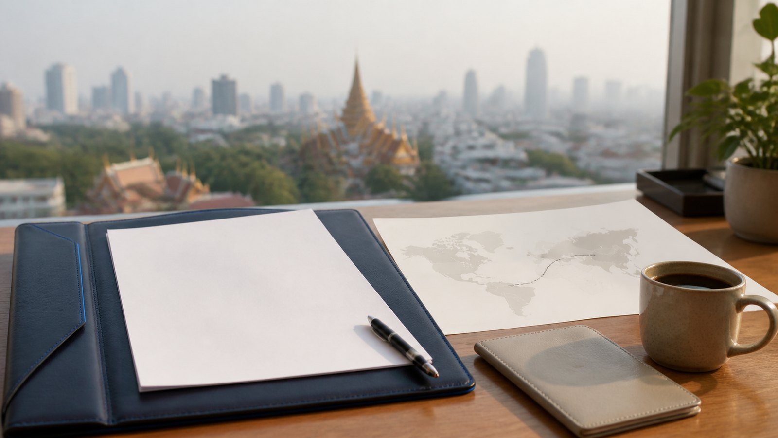 Blank visa papers, a navy folio and an abstract North America-to-Thailand map on a bright desk above Bangkok