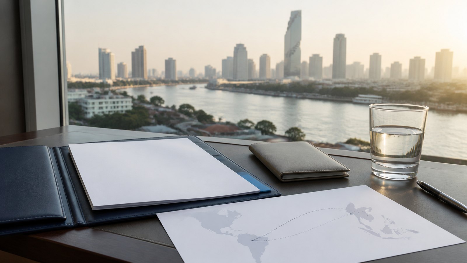 Blank visa papers, a navy folder and an abstract South America-to-Thailand route map on a desk beside the Bangkok river