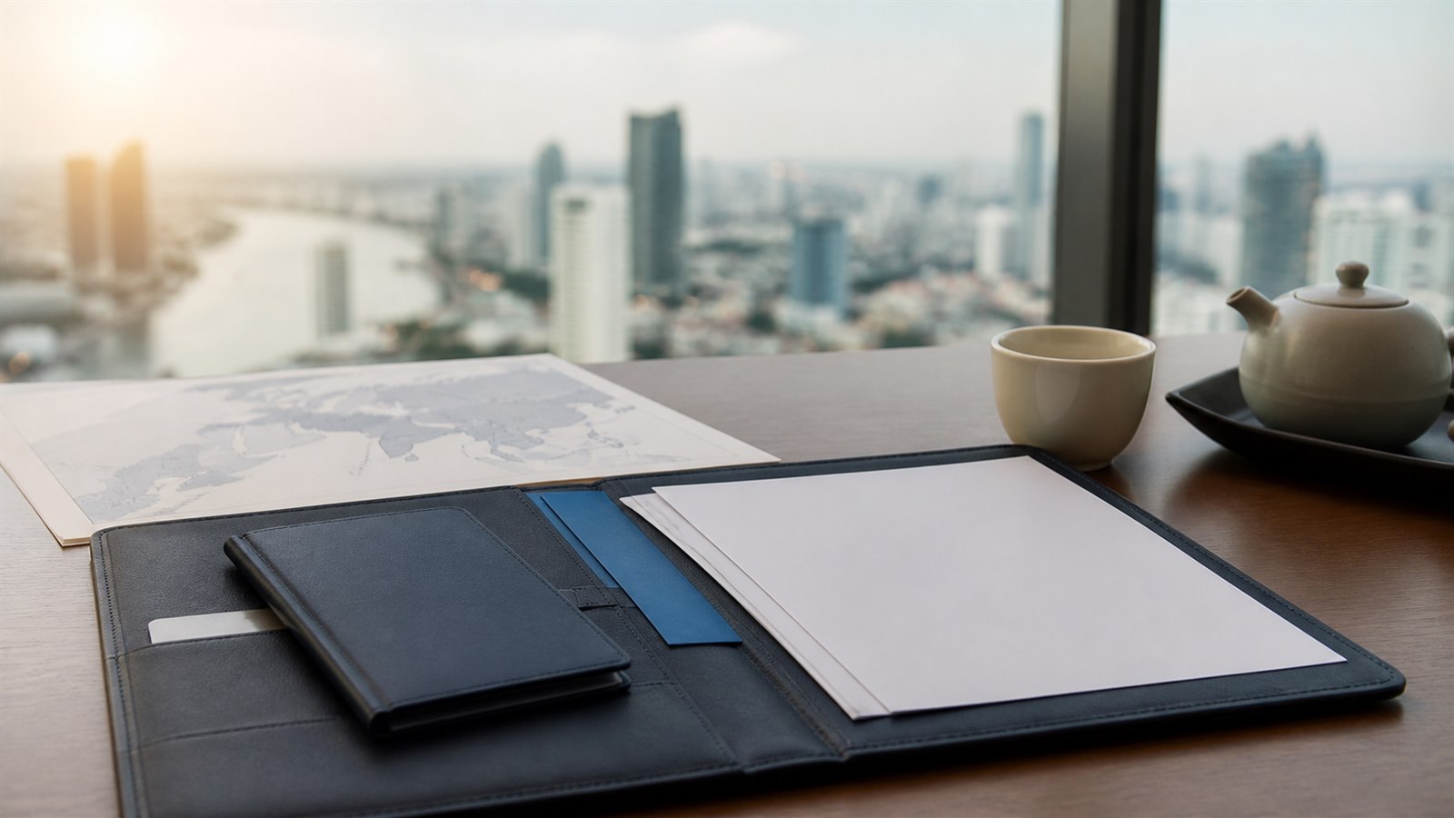 Blank visa papers and a navy travel folio on a desk with an abstract Asia map and Bangkok skyline in soft focus