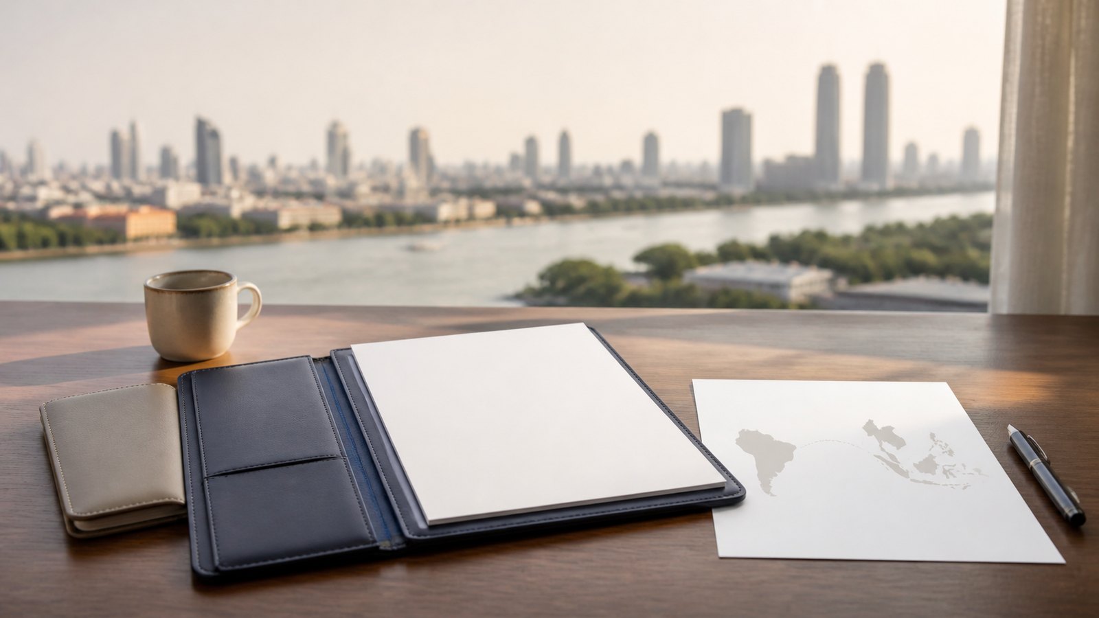 Blank visa papers, a navy folio and an abstract South America-to-Thailand route map on a desk above the Bangkok river