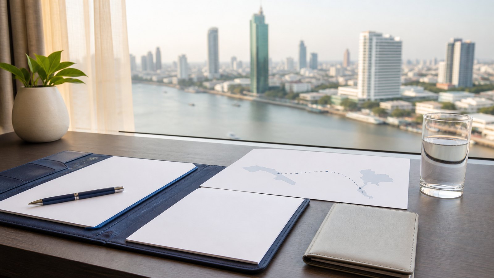 Blank visa papers, a navy folio and an abstract Caribbean-to-Thailand route sheet beside the Bangkok river