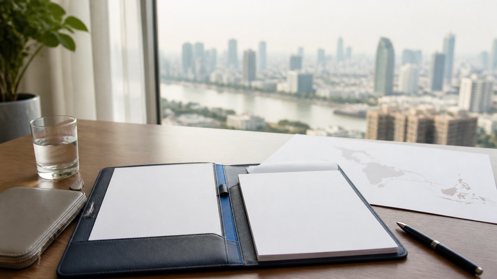 Blank visa papers, a navy folio and an abstract North Africa-to-Thailand route map on a desk beside the Bangkok river