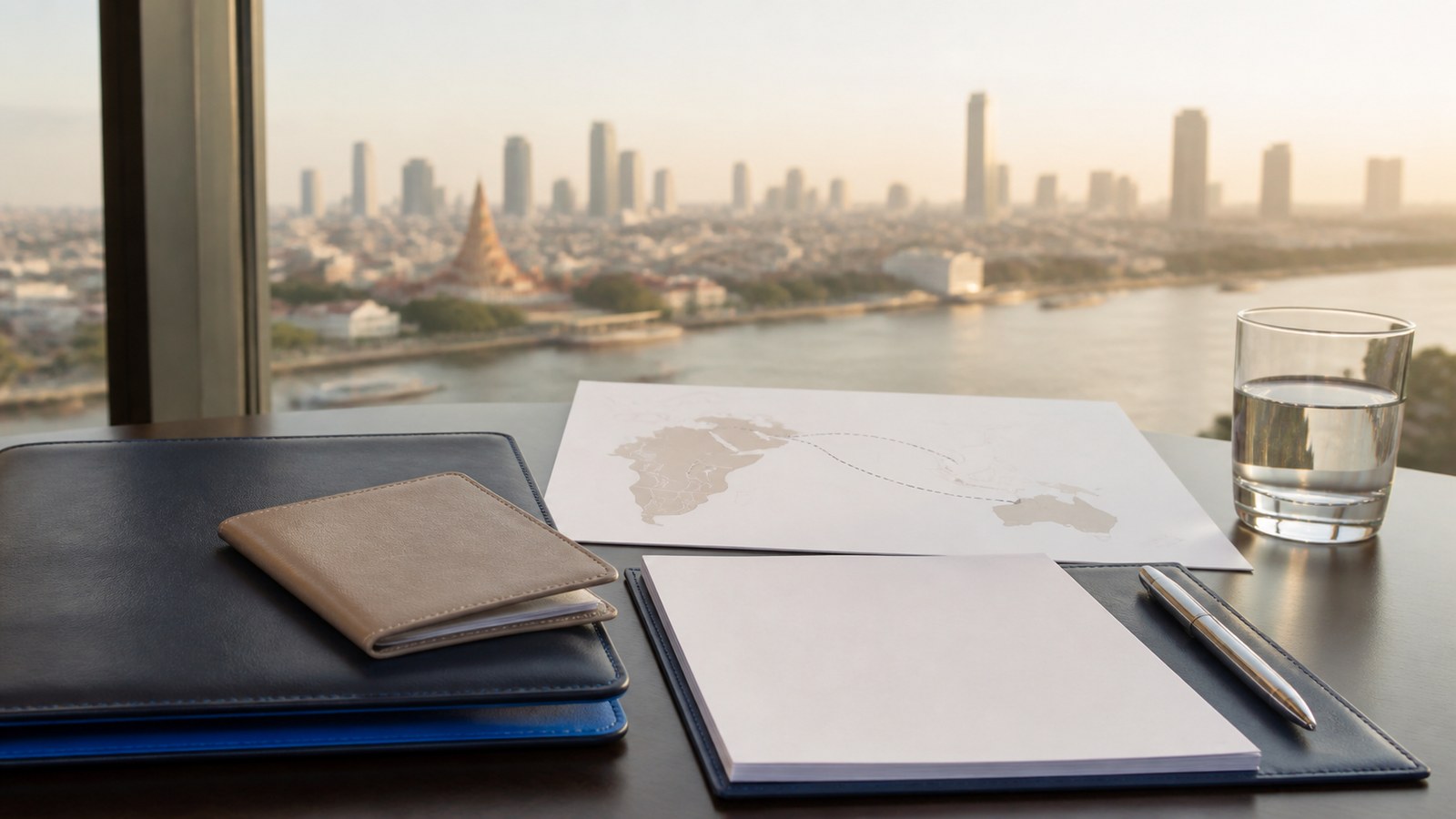 Blank visa papers, a navy folio and an abstract East Africa-to-Thailand route map on a desk beside the Bangkok river