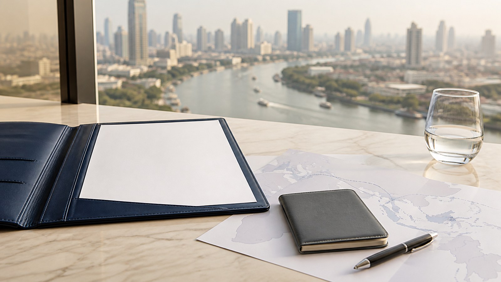 Blank visa papers, a navy folio and an abstract Western Europe-to-Thailand route map on a desk beside the Bangkok river
